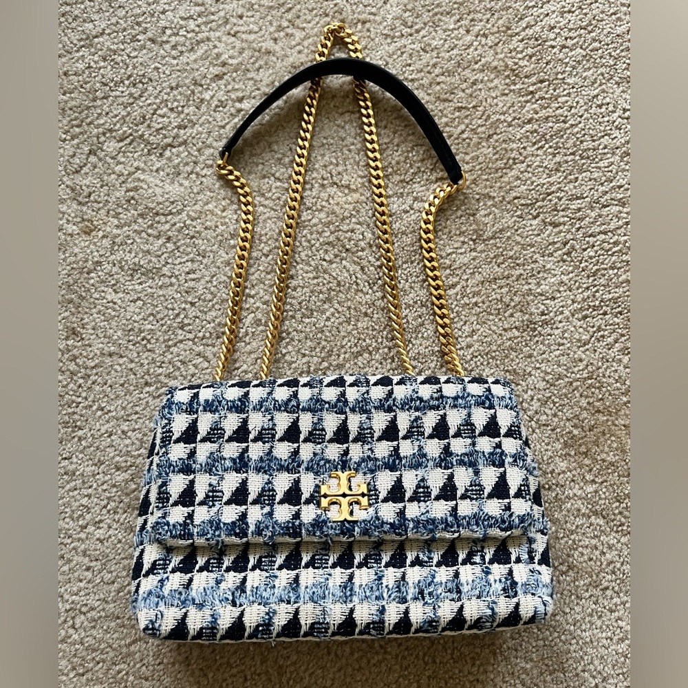 Tory Burch small Kira tweet convertible shoulder bag in three tones of blue